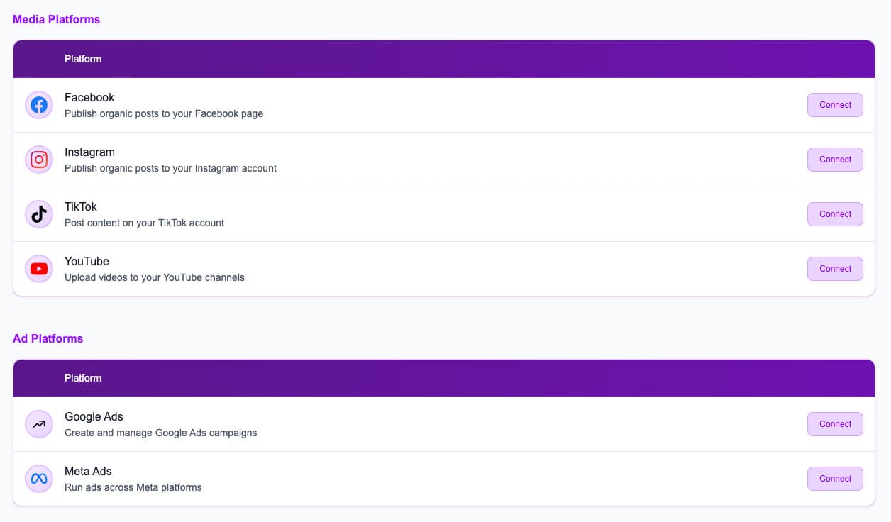 Connect all of your social and ad platform accounts to sync campaign data and creative assets